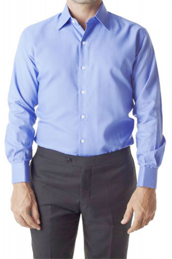 A men's slim cut dress shirt custom tailored with an Ainsley collar, rounded edge French cuffs, and a plain front and back solid color for simple elegance.