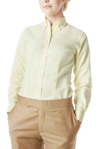 Womens Custom Made Light Yellow Cotton Shirts Create a scintillating casual office look with these light yellow bespoke formal shirts, custom made with cotton. They have distinctive button down collars, tailor made French cuffs with square edges and handmade front closure buttons.