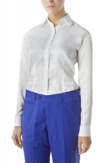 Handmade White Cotton Shirts For Women Super light tailor made cotton shirts for daylong comfort. With made to measure Ainsley collar, tailored matching front close buttons and rounded barrel cuffs, these handmade white shirts look enthralling with custom pants.