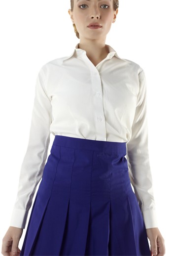 High waist tailor made royal blue skirts evenly pleated around the hem. These sexy handmade skirts sport concealed zippers at the back and front left. They look disarmingly gorgeous with made to measure full sleeves custom shirts sporting buttoned cuffs. It can also be hand sewn in wrinkle proof wool and or cashmere.