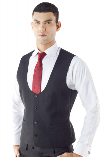 Bespoke Deep U Neck Mens Black Vest Whether it's over a shirt and tie or under a jacket, this sharp custom made traditional U-neck waistcoat will add a bold layer of style to any look. Cut with a slim fit, this tailor made waistcoat is expertly tailored with great features like handmade welted pockets, medium gorge, rear adjustment strap, and made to measure 4-Buttons closure.