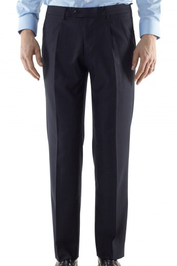 In a classic navy color are these luxury Italian wool and cashmere suit pants with a made to measure standard fit cut, a classic two-point button closure, sewn down pleats with a bespoke single reverse pleat design. A truly elegant pair of men's custom tailored formal pants that are great for the office.