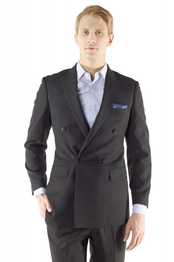 Mens Handmade Exquisite Suit Jacket A bespoke men's suit jacket exquisitely made by skilled tailors. This double breasted four-button custom made dress jacket with one closure button and tailored rolled peak lapels will stand out at any formal event.