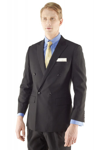A handmade men's double breasted four-button dress jacket with custom tailored one closure button and made to order rolled peak lapels hand sewn to perfection for the successful man.