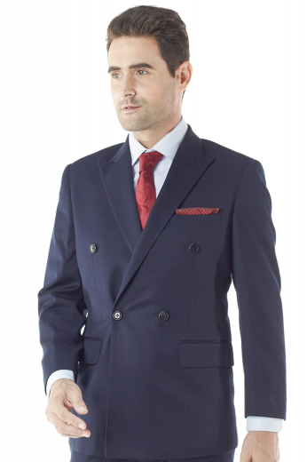 Mens Tailored Wool Blend Jacket A custom tailored men's double breasted four button suit jacket with one closure button, handmade peak lapels, a boutonniere on the left lapel, an upper welt pocket, and tailored lower flap pockets all made from the finest blend of Italian wool, cashmere and gabardine.