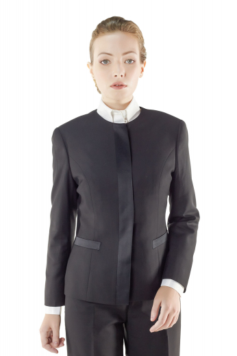 Womens Bespoke Black Blazers Walk in style in these stunning party wear formal blazers flashing made to measure rounded collars, two tailor made lower welt pockets and custom made front and back princess darts. These flamboyant handmade black blazers are ideal black tie formals made with wool and or cashmere.