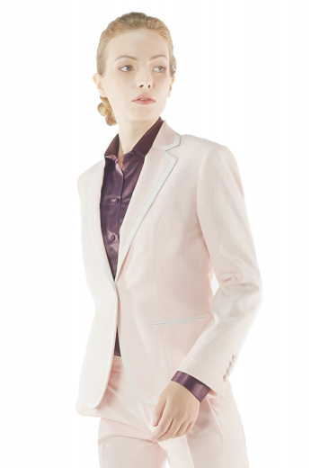 Womens Bespoke Salmon Pink Blazers Sexy single breasted formal blazers with short length. These tailored salmon pink blazers put on view four handmade fabric covered buttons on sleeves cuffs and one tailor made front button to close. They incorporate gorgeous made to measure double piped pockets and notch lapel collars. Thorough white lining around the edges of collars, pockets and jackets. These all season jackets can be custom-made with wrinkle free fabrics.