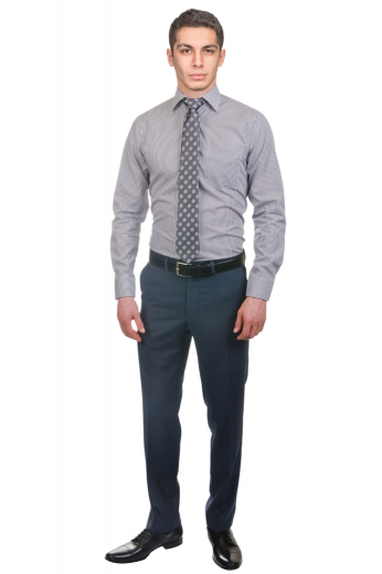 Mens Bespoke Flat Front Slim Pants A classic handmade men's slim fit pair of wrinkle-free metallic blue sharkskin flat front suit pants with tailor made front slash pockets, two made to order back pockets, and custom made extended belt loops, all held up by a tailored two-point button and hook closure waistband.