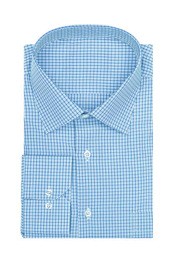 Mens Tailored Pure Cotton Tattersall Shirt A custom made comfortably cut pure cotton work of art. This elegant tattersall bespoke men's shirt has a tailor made semi-spread collar with a side pocket, a handmade plain front and back, and made to order rounded barrel cuffs.