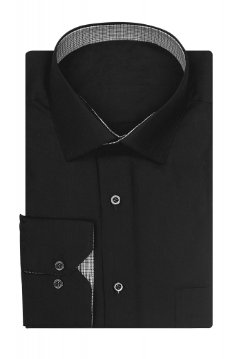 Mens Tailored Contrasting Collar Shirt Beautiful in Black - this cotton shirt for men is long sleeved, has one pocket and contrast trimmed collar and inner cuff with trimming.