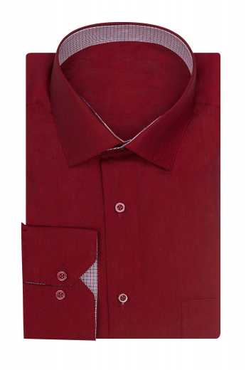 Mens Expert Tailored Shirt A bespoke burgundy shirt for classy men. Made with fine cotton, this long sleeve tailored one pocket French fly, handmade contrast trimmed collar and cuff shirt is custom made to measure by our expert tailors for the perfect fit.