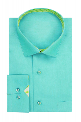 Semi spread collar sky blue shirt for men - handmade by our expert tailors - created with one tailored pocket, made to measure mitered cuffs, custom made French front and tastefully made to order contrasted collar and cuff trimming.