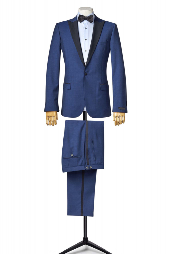 Royal blue one-button bespoke tuxedo with black contrasted tailored high peak lapels and made to measure flat front pants that has also been trimmed with black satin - Fancy!!