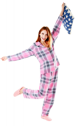 Bespoke plaid pajamas displaying handmade loose fit pants flashing zipper fly for front closure and elastic waistband, and made to order loose casual shirts with tailored matching front closure buttons and tailor made squared bottoms. These cotton pajamas can be made wrinkle proof as well.
