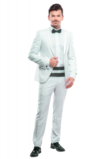 Mens Handmade Peak Lapel Dinner Suit Peak lapel men's white tuxedo with handmade one button and made to measure curved quarters - paired with custom tailored flat front pants in a sophisticated and modern look.