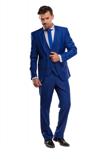 A pair of tailor-made slim cut flat front suit pants made out of royal blue Italian wool, cashmere, and strong gabardine for durability. These suit pants also feature wonderful designs and elegantly hand-sewn cuff hems.
