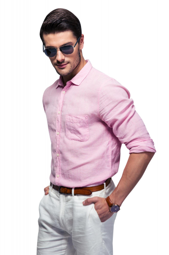Mens Bespoke Slim Fit Salmon Formal Shirt This mens tailor made salmon dress shirt in supima cotton is a perfect formal from the range of stunning bespoke garments at My Custom Tailor. Available at super affordable rates, this mens handmade slim fit business shirt features a super stunning Ansiley collar with 2 inch wide collar points, 2 exquisitely rounded barrel cuffs, a standard pocket on the left, and a stylish placket front. You can wear this mens bespoke slim fit salmon formal shirt with mens handmade dress pants for an added hint of corporate sophistication.
