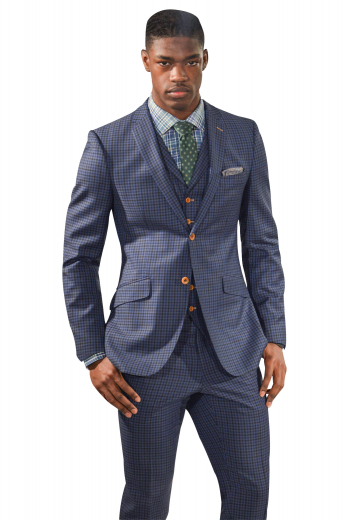 Mens Custom Made Slim Fit Suit In Scottish Stripes Mens tailor made dark blue English wool 3pc suit with Scottish checks. Features a handmade slim fit jacket with 2 notch lapels, a bespoke vest with 6 front buttons, and custom made dress pants with reverse double pleats. The mens made to order striped jacket has 1 upper welt pocket, 2 slanted lower flapped pockets, 2 orange front buttons, and 1 boutonniere on the left lapel with contrast color. The mens handmade slim fit vest has an adjustable buckled cloth back. The mens bespoke striped dress pants have 2 front slash pockets.