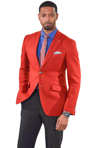 Mens Custom Made Slim Fit Red Blazer This is a trendy mens handmade gabardine wool red blazer with features like a contrast buttonhole stitching. This mens tailor made slim fit red blazer also puts to show a single breasted pattern, 2 silver front close buttons, 2 slanted lower pockets with flaps, and 1 upper welt pocket. With 2 stunning 3 inch wide peak lapels, this mens custom made slim fit blazer also features 1 striking boutonniere on the left lapel. You can buy this trendy mens made to order gabardine wool blazer at My Custom Tailor for a sexy look.