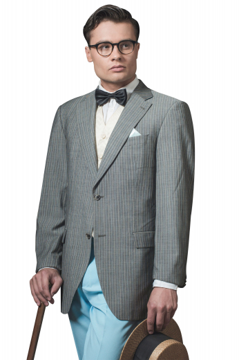 Mens Custom Made Slim Fit Striped Jacket This mens tailor made dark grey wool jacket with stripes looks every bit classy and elegant. With 2 iconic 3 inch wide notch lapels and 1 boutonniere on the left lapel, this mens handmade slim fit striped jacket also features a trendy single breasted pattern with 2 front close buttons. This mens custom made slim fit blazer also has 1 upper welt pocket and 2 lower pockets with neatly sewn flaps. You can buy this mens made to order striped wool jacket at My Custom Tailor to flaunt a trendy work look daily.