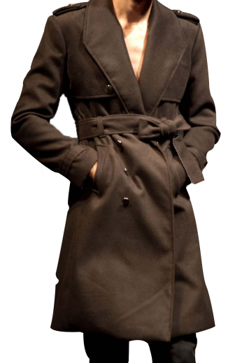 Womens Bespoke Dark Brown Overcoat This gorgeous womens tailor made dark brown wool overcoat features a shawl collar that's adorned with 2 3-inch-wide lapels. Ending just above the knees, this one-of-its-kind of womens bespoke dark brown overcoat features an epulatter on both shoulders, buttoned epaulettes on both the cuffs, a beautiful back with a sewn down belt with 4 pleats above and under belt, and 2 slanted lower pockets. The edges of the pockets and lapels of this womens handmade wool overcoat are hand stitched by skilled weavers at My Custom tailor.