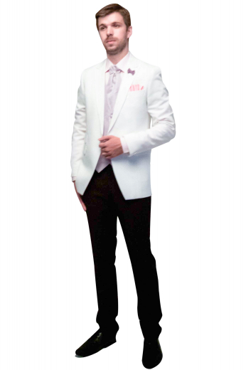 Mens Tailor Made 2 Piece Slim Fit Suit This stellar men handmade white 2 piece wool suit - featuring a bespoke slim fit jacket and handmade tuxedo pants - is perfect for weddings and corporate parties. The mens custom made slim fit dress pants have a flat front, 2 back pockets, a 2 point button and hook closure, and a zipper fly. The mens tailor made dinner jacket has 1 front close button, 2 satin-facing notch lapels with 1 boutonniere on the left lapel, 1 upper welt pocket, 2 lower flapped pockets, and a hand sewn flapped ticket pocket on the left.