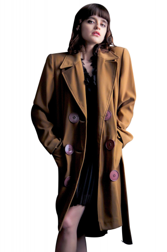 Womens Bespoke Double Breasted Topcoat This womens custom made light brown wool overcoat is a treat for fashion lovers. With comfortable hand moulded shoulders and rounded lower patch pockets with flaps, this womens bespoke double breasted topcoat has 8 big purple front buttons, 3 to close. Buy this stunning womens tailor made wool overcoat at My Custom Tailor where weavers can also artistically hand stitch the edges of the pockets and lapels.