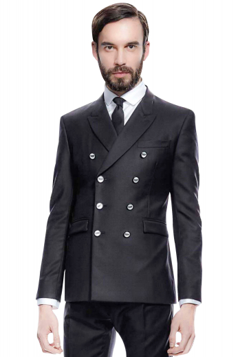Mens Custom Made Slim Fit Double Breasted Suit Turn heads in this stunning mens handmade double breasted black suit in 120s wool from the range of premium handmade suits by My Custom Tailor. This mens custom made slim fit suit features a bespoke double breasted jacket and handmade dress pants. The mens made to order slim fit jacket has 8 silver buttons, 3 to close, 2 peak lapels with 1 boutonniere on each lapel, 1 upper welt pocket, and 2 lower flapped pockets. The mens handmade slim fit dress pants have a zip fly to close, 2 back pockets, and 2 front slash pockets.