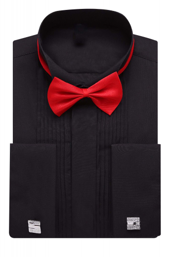 Mens Made To Order Slim Fit Tux Shirt This mens handmade black tuxedo shirt in sea island cotton is a wonderful garment that you can wear to weddings and black ties. With a wing tip collar and 2 squared edge french cuffs, this mens custom made slim fit tuxedo shirt also features an iconic pleated front with a hidden button pattern that looks extra sophisticated and too stylish to ignore. Buy this iconic mens made to order cotton tuxedo shirt at My Custom Tailor and grab all the attention at all the events you attend.