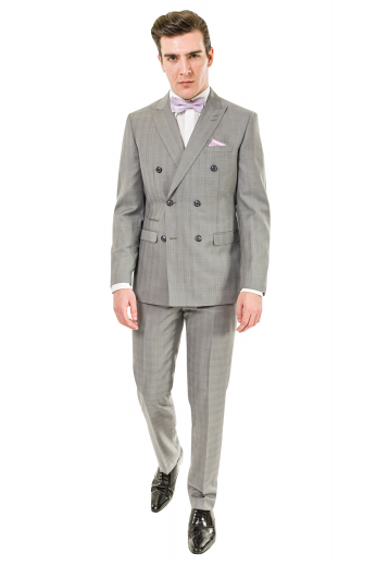 Mens Tailor Made Light Grey Suit Mens must buy custom made light grey plaid suit in wool. Features a mens handmade double breasted jacket and mens tailor made suit pants. The mens bespoke jacket has 6 front buttons with 2 to close, stylish peak lapels with 2 stunning boutonnieres on the left lapel, 1 upper welt pocket, 2 lower flapped pockets, and 1 exquisite double piped ticket pocket on the left. The mens bespoke slim fit dress pants have a classic flat front with 2 front slash pockets, 2 back pockets, a zipper fly, and a 2 point button and hook closure.