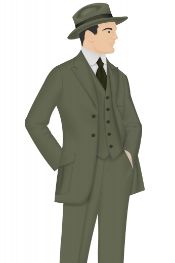 View this handmade vintage men's classic three-piece suit in a gorgeous shade of olive. This tailor made suit is made up of a sophisticated made to measure pair of flat front slim cut suit pants, a classic v-neck single breasted vest, and finished off by a two button men's vintage jacket with high peak lapels and standard welt pockets.