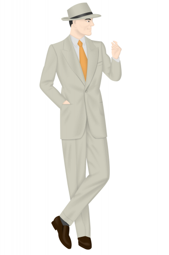 Tailor Made Vintage Style Mens Suit This made to measure vintage style suit features a jacket that is cut long with wide padded shoulders and wide peak lapels paired with pleated pants. The tailor made suit pants fit high on the waist, bulged out over the thigh and knee, and tapered into the ankle, with a turn-up. Double Pleats at the waistband allow more fabric to drape down, creating a baggy effect.