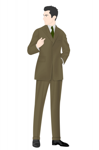 Mens Bespoke Vintage Buttonless Suit Here’s a custom made standard length vintage jacket with a dashing slim cut. This jacket features a single breasted design with peak lapels with a classic high gorge, and standard welt pockets. This amazing jacket is then paired with an awesome pair of tailor made vintage men's matching suit pants.