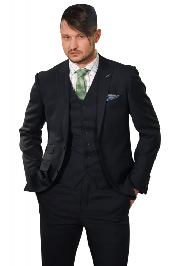 This mens bespoke three piece black suit in wool has 1 elegant mens bespoke suit pant, 1 stunning mens handmade vest, and 1 stylish mens custom suit blazer. With hand sewn cuff hems at the bottom, the mens tailor made pant is perfect for stylish men. The mens bespoke vest, on the other hand, gives a stunning fit with the help of a cloth back with adjustable buckle and 6 front closure buttons. The mens bespoke blazer is fabricated to flaunt 2 lower pockets with flaps, 1 upper welt pocket, and 1 flapped ticket pocket on the right. 