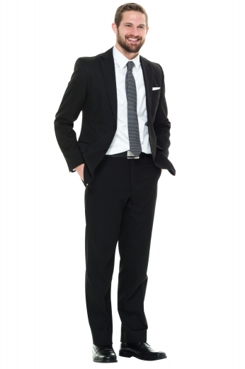 This is a must buy mens custom made black suit in gabardine wool. It consists of an iconic mens slim fit custom pant and a stellar mens bespoke suit jacket. The mens bespoke suit pant has features like slash front pockets, extended belt loops, and a two point button and hook closure. The mens tailor made blazer is carefully fabricated to flaunt a slim cut fitting with 2 front close buttons, 2 lower flapped pockets, and 1 upper welt pocket. Order online at My Custom Tailor to flaunt a dapper look at work.