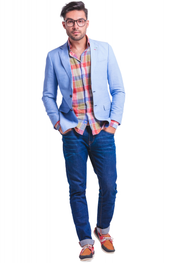 Mens Bespoke Slim Fit Light Blue Wool Linen Blazer This trendy mens handmade light blue custom blazer in linen and wool has a stylish slim cut fitting with 2 front closure buttons for a better look. It is an ideal formal wear that puts to display 2 stylish notch lapels, a centre vent, 1 upper welt pocket, and 2 elegant lower pockets with flaps. Order online at My Custom Tailor where weavers can also hand stitch the edges of the lapels and pockets upon request.