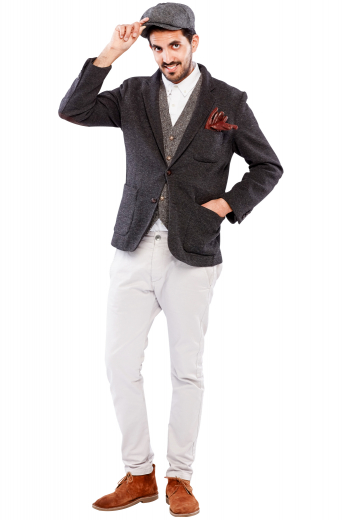 Mens Handmade Grey Vintage Style Jacket This is a must have mens custom vintage style jacket in grey, handmade with mohair wool by fabric magicians at My Custom Tailor. It is a simple yet stylish standard cut mens victorian style custom blazer that puts to display a stunning upper rounded patch pocket on the left and 2 lower rounded patch pockets. With 3-inch wide notch lapels, this single breasted blazer is an ideal sports jacket that will keep you comfortable at office as well as golf games.