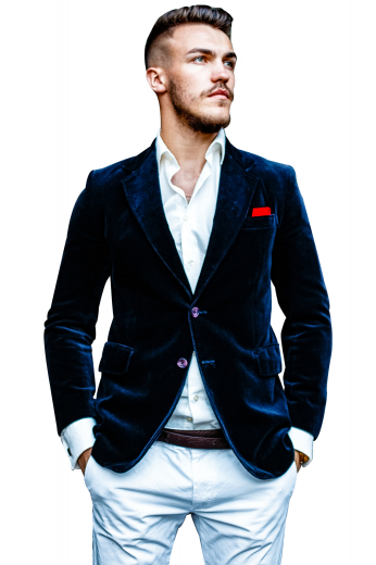 Mens Tailor Made Velvet Blue Blazer This is an iconic tailor made velvet blue blazer that's a classic single breasted marvel magicked at My Custom Tailor. It is made to measure to reflect elegance with its slim cut fitting that looks totally enthralling when worn with mens slim fit pants and formal bespoke shirts in contrasting colours. It is a classic sports jacket woven with notch lapels, two front closure buttons, one upper welt pocket, and two lower pockets with flaps.