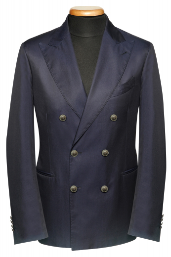 Mens Black Custom Tailored Sleek Modern Blazer This men's black custom blazer is tailor made in a fine wool and cut to a slim fit, featuring double breasted button closure and piped pockets.