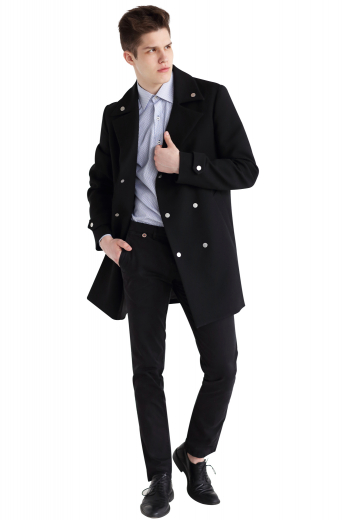 This men's charcoal coat is tailor made in a fine wool and tweed and cut to a slim fit, featuring a double breasted button closure, slanted welt pockets and buttoned cuffs. It is a sleek coat, sure to become a favorite in your winter wardrobe!