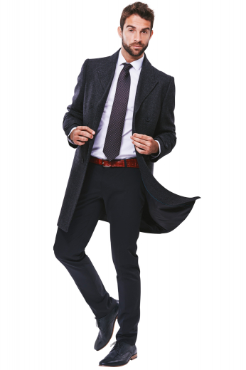 Mens Deep Dark Blue Tailored Coat This men's black coat is tailor made in a fine wool and tweed and cut to a slim fit, featuring a double breasted button closure and edge stitched pockets. It is a fashionable coat, sure to become a favorite in your winter wardrobe!