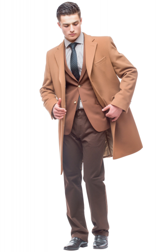 This men's brown coat is a stylish classic for your winter wardrobe. It is tailor made in a fine wool and tweed and cut to a slim fit, featuring a single breasted button closure and edge stitched pockets.