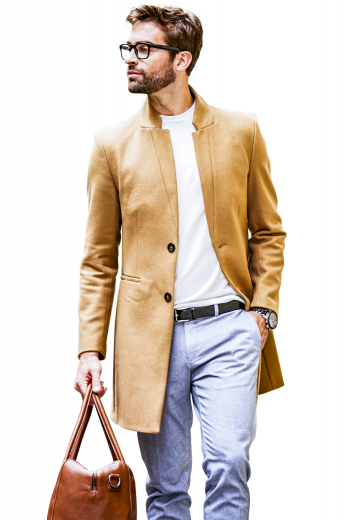 Mens Tan Tailored Modern Coat This men's bright, tan colored coat is tailor made in a fine wool and tweed and cut to a slim fit, featuring a single breasted button closure and welt pockets.