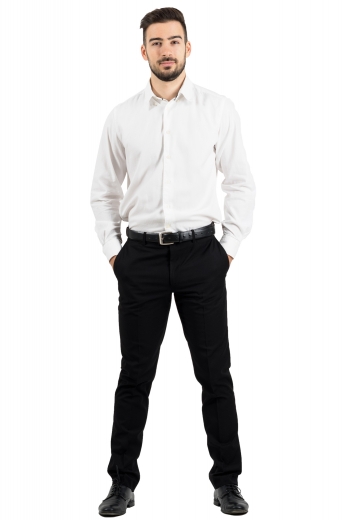 This men's custom made black trouser is tailor made in a fine wool blend and cut to a slim fit, featuring slash pockets, extended belt loops and a flat front pleat. It is a sleek option for your everyday wardrobe!