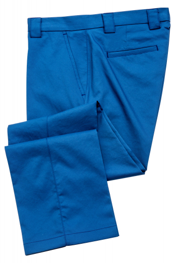 Mens Modern Cadet Blue Bespoke Trouser This men's custom made blue trouser is tailor made in a fine wool blend and cut to a slim fit, featuring slash pockets, extended belt loops and a flat front pleat.
