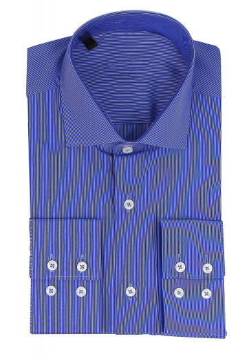 Mens Bespoke Striped Periwinkle Button Down This men's slim cut striped blue button down is a fantastic option for any formal occasion. It is tailor made in a fine linen blend and features an ainsley collar and rounded barrel cuffs.