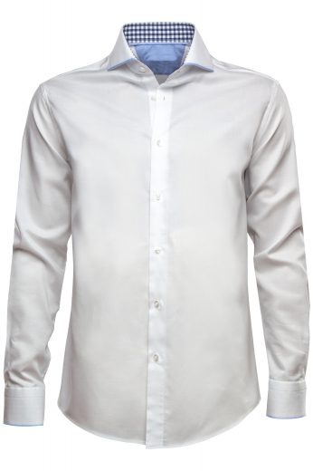 This men's slim cut  white button down is tailor made in a fine linen blend and features an Ainsley collar and rounded barrel cuffs. This hand tailored shirt is tailor made to fit you.