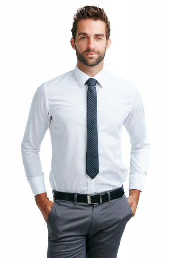 Mens Slim Cut White Hand Tailored Shirt This men's slim cut white button down is cut to a perfect fit and tailor made in a fine linen blend featuring an ainsley collar and rounded barrel cuffs.