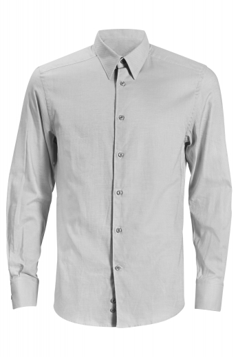 Mens European Light Grey Bespoke Collar Shirt This men's slim cut shirt is tailor made in a fine linen blend and features an european collar and rounded barrel cuffs. It is a classic wardrobe staple.