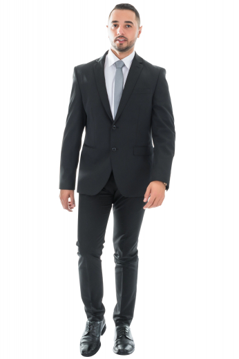 This black men's suit is tailor made in a fine wool blend and cut to a slim fit, featuring a single breasted button closure, notch lapels, and slash pockets, perfect for all formal occasions.